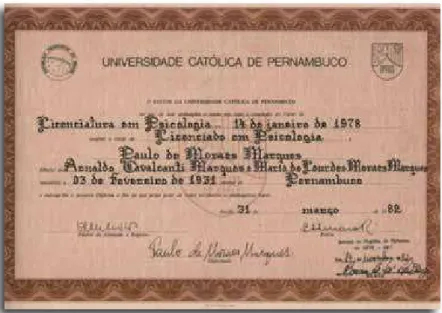 Figura 12 - Diploma da Licenciatura em Psicologia, emitido pela Universidade Católica de Pernambuco,  em 31 de março de 1982