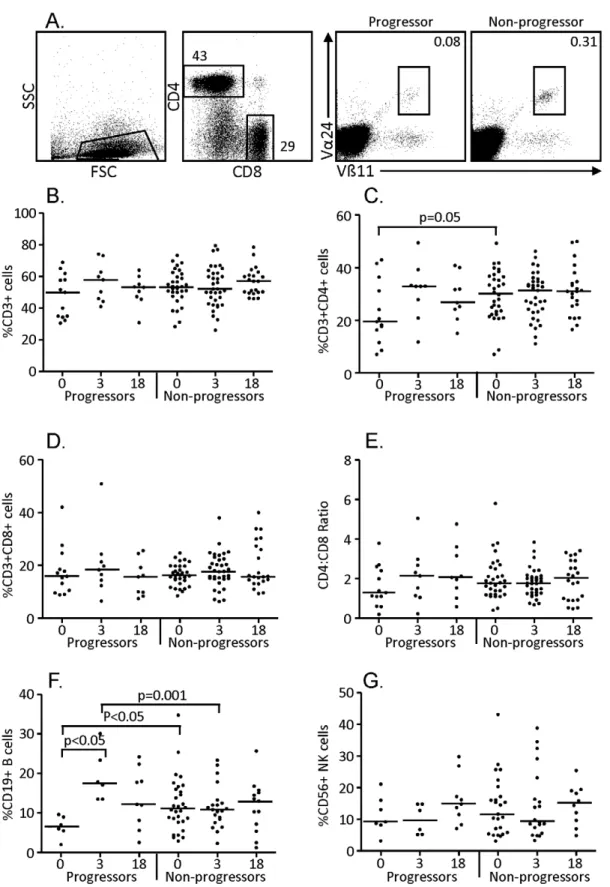 Figure 2. Percentage of T, B and NK cells in progressors and non-progressors. Cryopreserved PBMC were thawed and analysed.