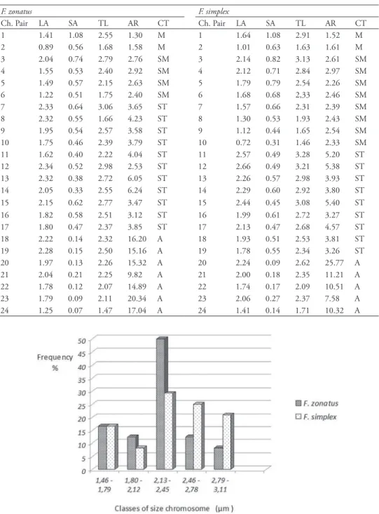 table 1. Average chromosome measurements (μm) and classiications in F. zonatus and F. simplex (Ch