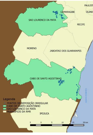 Figura 2. Pontos de deposição irregular de RCD em Cabo e Santo Agostinho e São Lourenço da Mata, PE