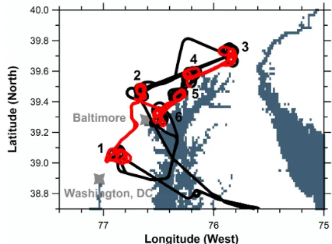 Figure 1. Flight path for flight 1. Portions below 1 km are shown in red, and those above in black