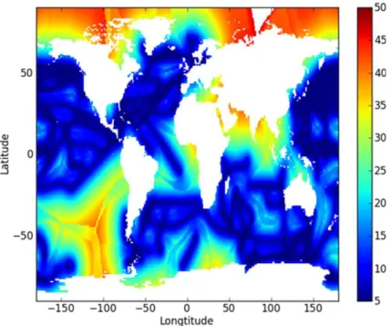 Figure 6. Standard deviation in f CO 2 ,cl estimated for January 2010 on a 5 to 50 µatm scale, associated with the ordinary block kriging shown in Fig