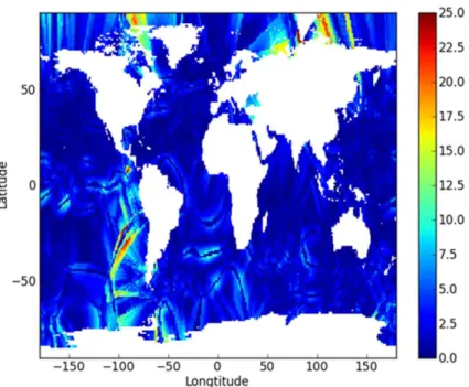 Figure 7. Standard deviations of the mean over nine different kriging results of f CO 2 ,cl estimated for January 2010, using the range of options shown in Table 2; on a 0 to 25 µatm scale.