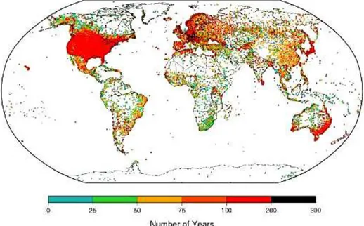 Figure 1. Station locations coloured by length of record for version1 of the ISTI Land Meteorological Databank stage 3 (recommended merged version) version 1.0.0 (source: Fig