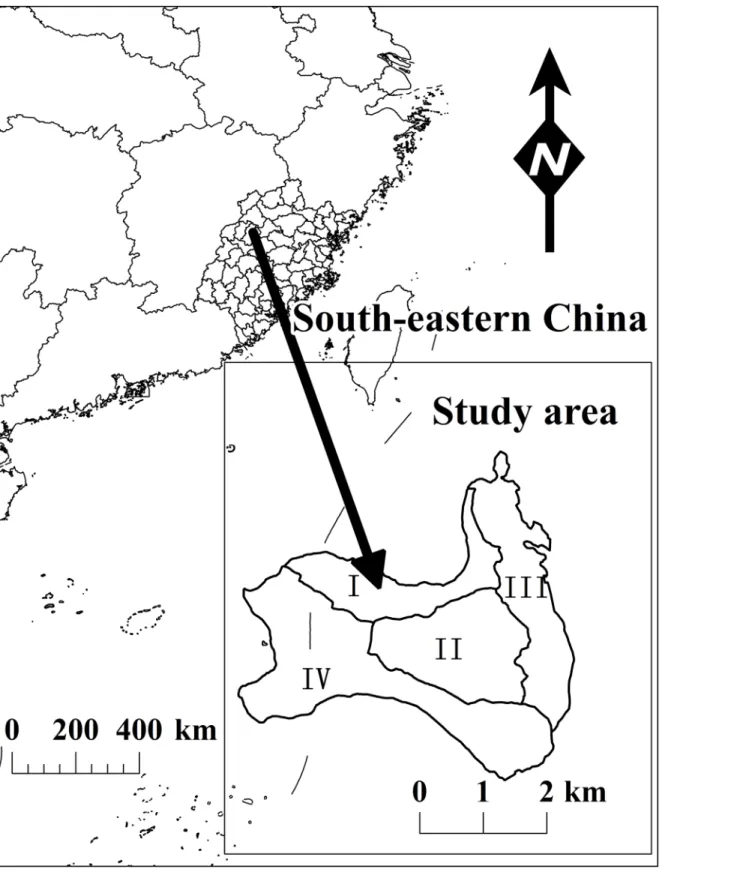 Fig 1. 4 sites of Fujian province, Southeast China, where 41 trees were sampled.