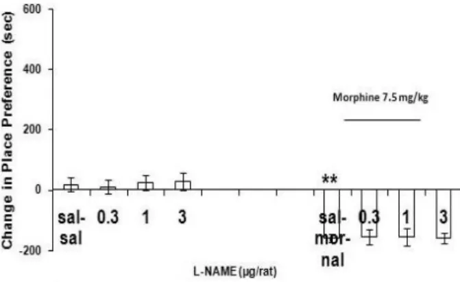 Figure 5. Response curve induced by single injection of  L–NAME (0.3-3 µg/rat, intra-central amygdala)  pre-testing in the control task or prior to naloxone before  morphine response testing