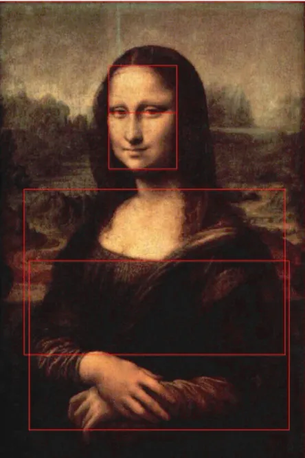 Figura 11 – A pintura Mona Lisa (La Gioconda), de Leonardo da Vinci, e algumas representações da aplicação de  retângulos áureos como parâmetro de harmonia