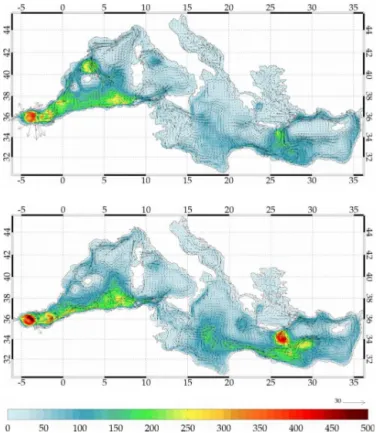 Figure 8. Evolution of the monthly integrated heat content (ex- (ex-pressed as mean temperature in ◦ C) over the Mediterranean basin for the layers 0–150 m (top), 150–600 m (middle) and 600  m-bottom (m-bottom) from MEDRYS (red line), NM12-FREE (black line