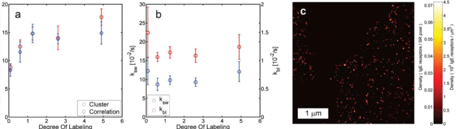Fig 3. Quantitative localization microscopy with multiple emitters per labeled site. (a) Number of localizations per neutravidin tetramer as a function of DOL as estimated from the image correlations and the ground truth values from cluster analysis, showi