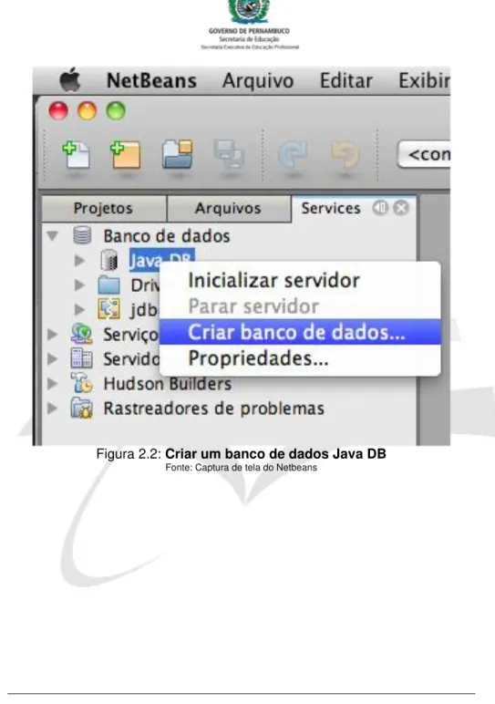 Figura 2.2: Criar um banco de dados Java DB 