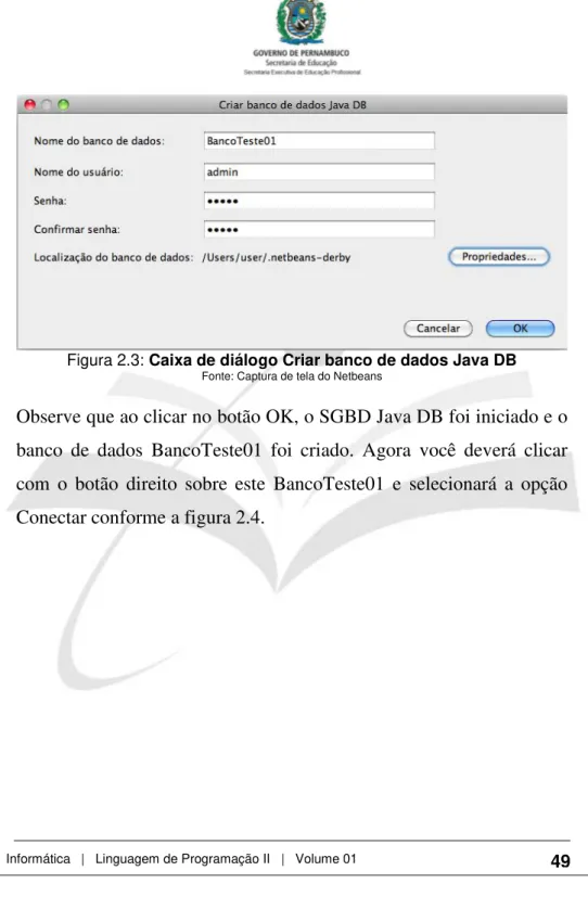 Figura 2.3: Caixa de diálogo Criar banco de dados Java DB 
