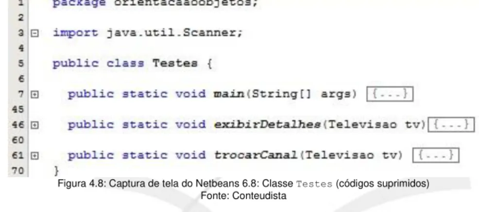 Figura 4.8: Captura de tela do Netbeans 6.8: Classe Testes (códigos suprimidos)  Fonte: Conteudista 