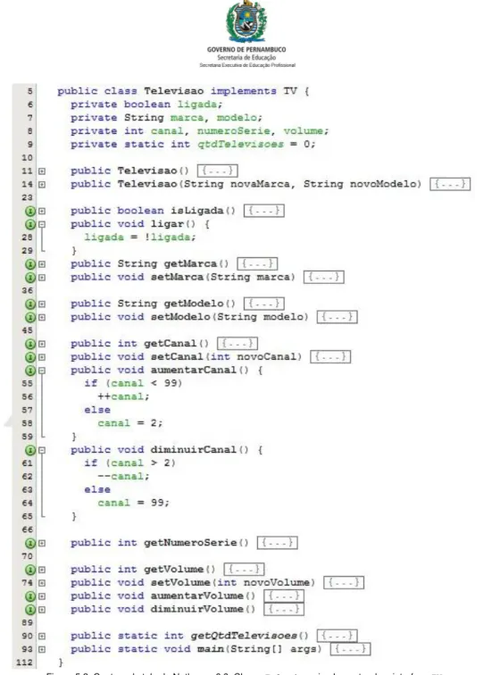 Figura 5.2: Captura de tela do Netbeans 6.8: Classe Televisao implementando a interface TV  Fonte: Conteudista 