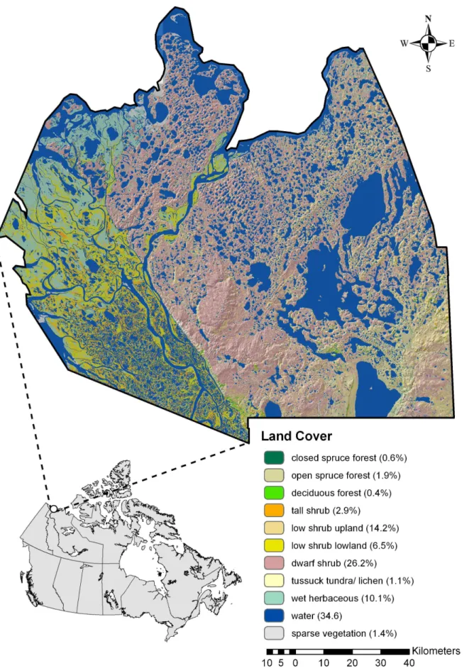 Figure 1. The Mackenzie Delta study area showing distributions for 11 covers, along with percentages