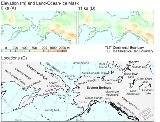 Figure 1. Spatial domain of RegCM for this study showing elevations and coastlines for 0 ka (a) and 11 ka (b)