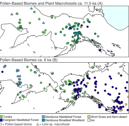 Figure 3. Pollen-based biomes for ca. 11.5 ka (a; this study) and ca. 6 ka (b; from Prentice et al., 2000; Bigelow et al., 2003)