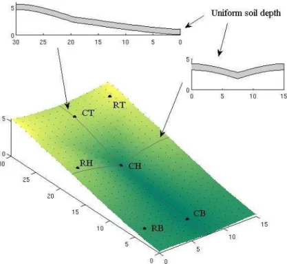 Fig. 2. Basic geometry of the proposed hillslope surface and base is a zero-order (unchannel- (unchannel-ized) basin with overall dimensions 30 m by 15 m.
