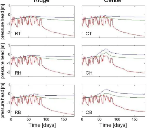 Fig. 5. Pressure head time series at six different locations in the hillslope (see Fig