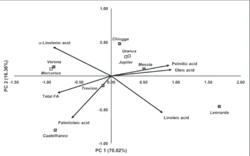 Fig. 1. Biplot of the PCA based on five fatty acids (%) and total fatty acid content in nine forced chicory cultivars