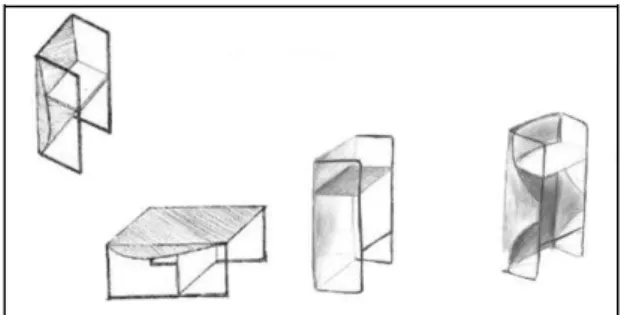 Figura  3  –  Rascunho  da  vista  frontal  da  Tríade  na  função  banco  e  cadeira  e  possibilidade  modular,  quando usado como mesa de centro, respectivamente