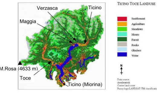 Fig. 2. Main land-use categories in the Ticino-Toce catchment (6599 km²), closed at the Miorina dam