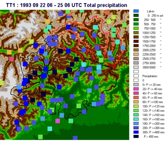 Fig. 5. The total precipitation during the Brig event from 1993 September 24 at 06 UTC to 25 06 UTC in the Ticino-Toce catchment, observed from raingauge stations and the Monte Lema radar (after Hagen and Meischner, in Bacchi and Ranzi, 2000).