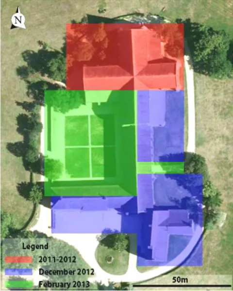 Figure 4. TLS acquisition plane during the three campaigns,  superimposed on an aerial view (IGN BD Ortho®)