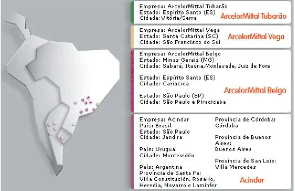 FIGURA 9 – Localização das Unidades da ArcelorMittal Brasil  Fonte: ArcelorMittal Brasil (2007) 