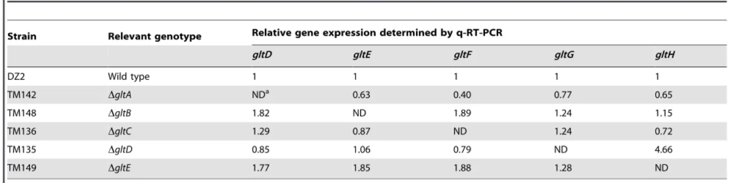 Table 3. glt mRNA expression in the cluster G2 deletion strains.