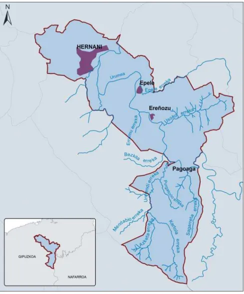 Fig. 2.- Map of the Hernani municipality showing the main streams that discharge into the Urumea river.
