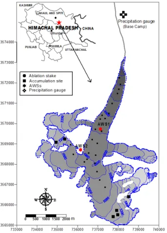 Figure 1. Map of Chhota Shigri Glacier showing the ablation stakes (black small squares), ac- ac-cumulation sites (black big squares), AWSs (red stars) and precipitation gauge (black cross).