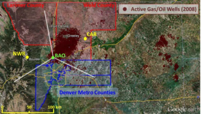Fig. 1. Map of northeast Colorado showing the BAO tower and the distribution of active oil and gas wells as of 2008 (updated well locations available at: http://cogcc.state.co.us/Home/gismain.