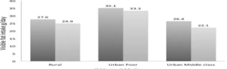 Fig 1. Dietary visible fat intake in the rural, poor urban and urban women at Jaipur study site (mean and median intake, g/day).