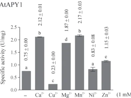 Fig 6. Influence of divalent metal ions on AtAPY1 activity. Enzyme activities were determined in the presence of 3 mM UDP using the discontinuous apyrase activity assay