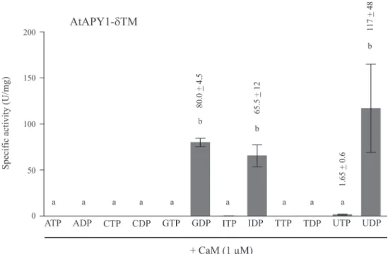 Fig 11. Substrate specificity of AtAPY1-δTM in the presence of CaM. Activities (1 U = 1 μmol P i /min) of AtAPY1-δTM were determined in the presence of various substrates (3 mM each) and 1 μM CaM using the discontinuous apyrase activity assay