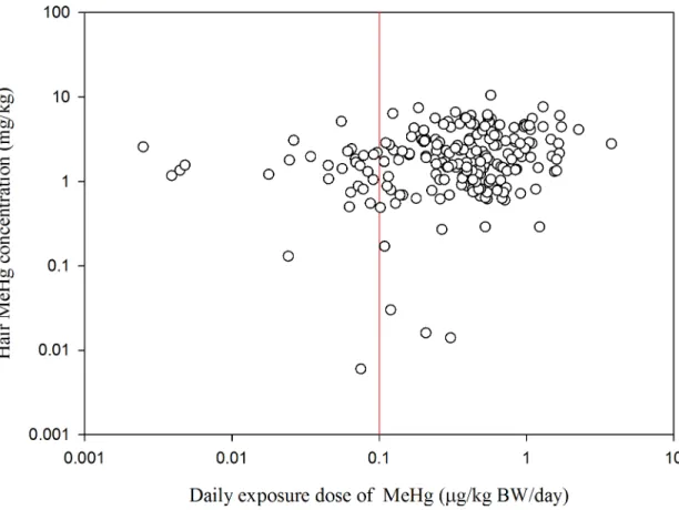 Fig 2. Relationship between MeHg concentrations in hair and daily MeHg exposure dose through fish intake.