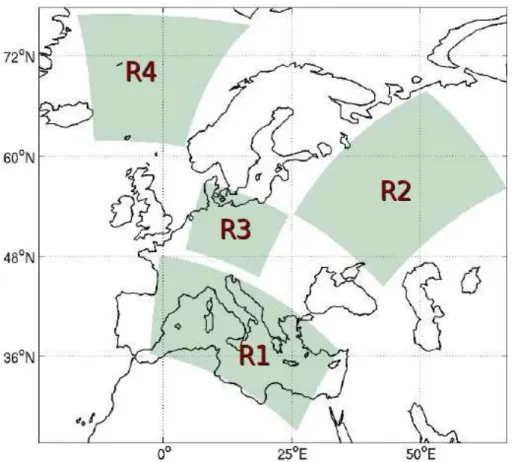Figure 5. Schematic of the four regions selected for this study. R1 – Mediterranean; R2 – Eastern Europe; R3 – Central Europe; R4 – northern N