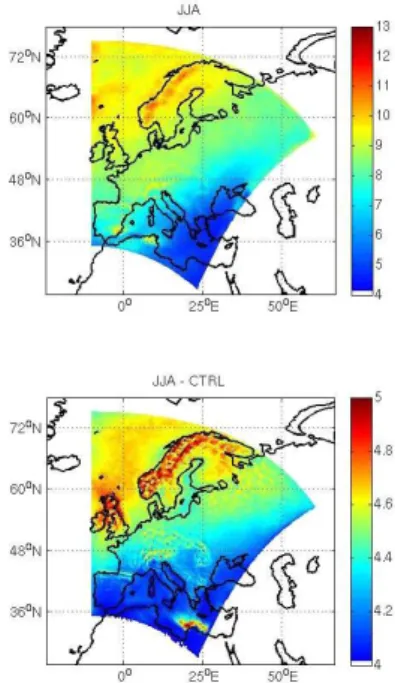 Figure 7. Seasonal mean CD radii (µm) averaged over the entire water cloud for DJF mean and JJA mean in the MOD simulations (top row) and CTRL simulation (2nd row)