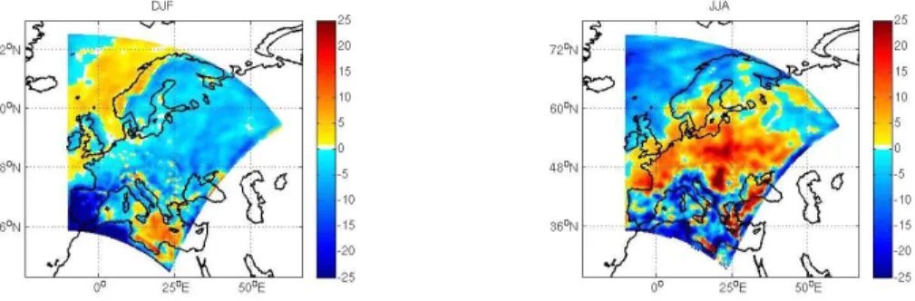 Figure 9. The difference in the vertically integrated cloud water in the MOD simulation com- com-pared to the CTRL simulation expressed as a percentage over the winter (DJF) and summer (JJA) months.