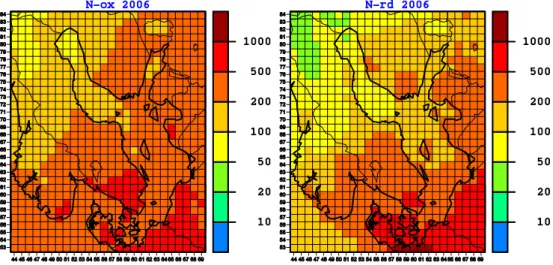 Fig. 6. Map of annual 2006 oxidised nitrogen deposition (left) and annual 2006 reduced nitrogen deposition (right)