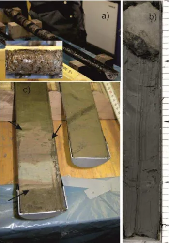 Fig. 7. Core recovery with a gravity core (GeoB16602-4) and three separate MeBo deployments (GeoB16602-5, GeoB16602-7, GeoB16602-8) and borehole logging results of MeBo deployments GeoB16602-5 and GeoB16602-7 at the continental slope of the South China Sea