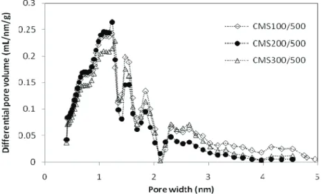 Figure 6. Pore size distribution of CMS samples prepared at 800 ºC and deposition time of 30 min