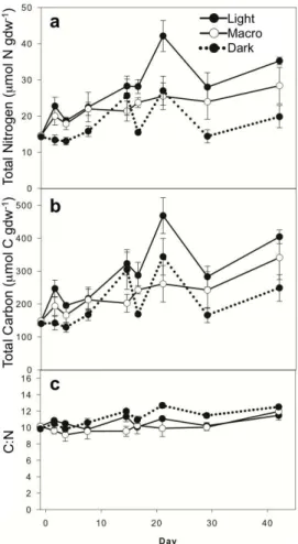 Fig. 2. Total nitrogen (a) and total organic carbon (b) concentrations and C:N (c) in surface (0–1 cm) sediments