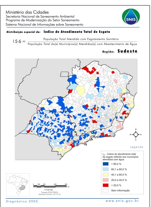 FIGURA 3 - Índice de atendimento de esgoto no sudeste do Brasil  Fonte: BRASIL, 2005. 