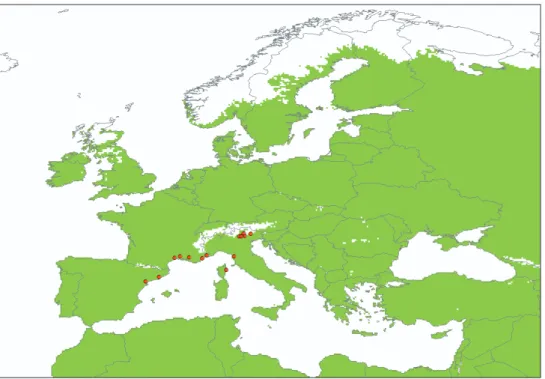 Figure 2. The area (in green) where annual degree day accumulations above a base temperature of 10°C  exceed 250 with the locations of Drosophila suzukii known in August 2010 (in red).