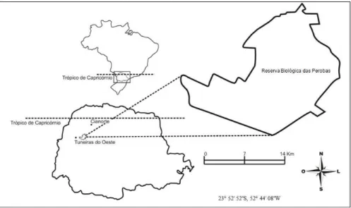 Figura 1 Mapa da região da Reserva Biológica das Perobas, Tuneiras do Oeste, Cianorte, Paraná, Brasil