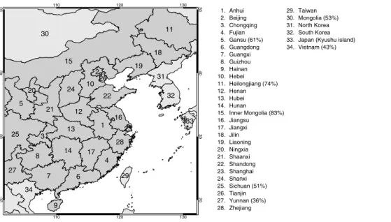 Fig. 1. Chinese provinces and surrounding countries that are covered by the model domain.