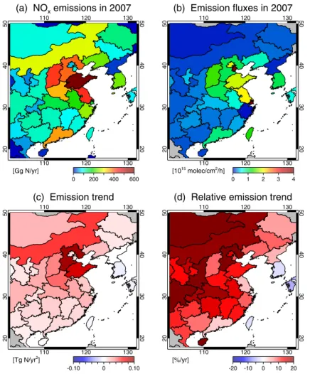 Fig. 3. (a) Total NO x emissions in 2007 per region, as fitted by the trend model. (b) Emissions per unit area per region