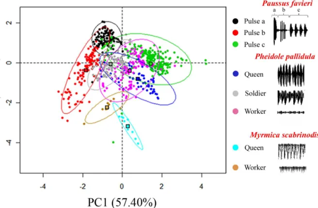 Fig 3. Principal Components Analysis (PCA) of acoustic parameters. Combined effects of the three sound parameters (pulse length, frequency, and intensity) shown as the first and second component plot of a principal components analysis over all individual p