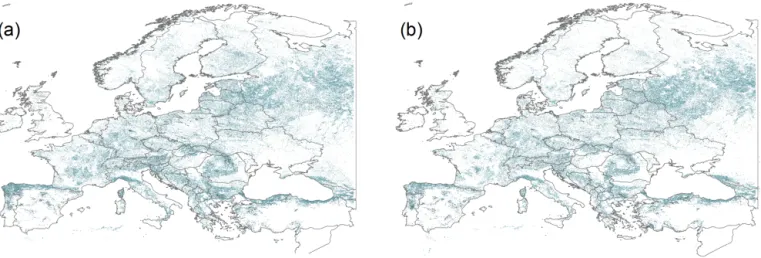 Figure 1. Spatial distribution of Globcover broadleaved deciduous forest and needleleaved evergreen forest in 2005 (a) and 2009 (b).